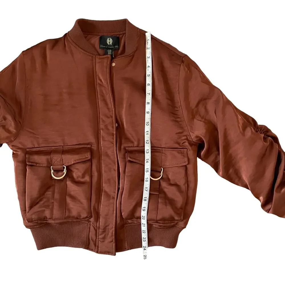 HOUSE OF HARLOW 1960 Women's Satin Zip Up Bomber Jacket Size M Copper Brown NEW - Picture 11 of 16